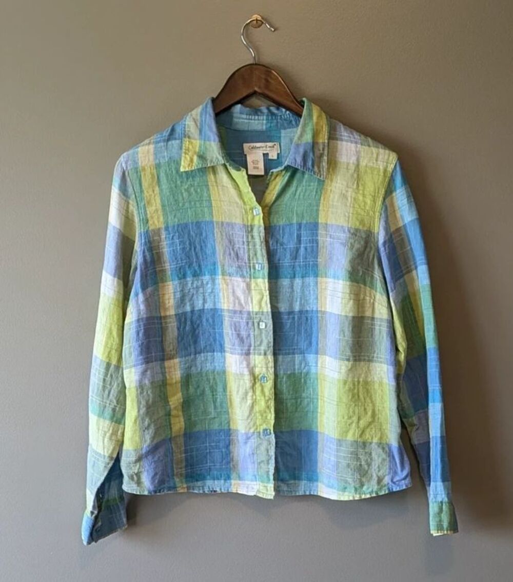 Coldwater Creek Womens Large Linen Blend Blue Green Plaid Button Down Shirt Top